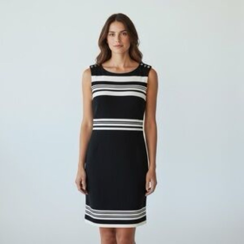 White House Black Market S Black White Stripe Ruched Sheath Dress Key Hole Back
